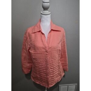 Tracy M Women's Sz L 100% Linen Blouse Peach Button Up Shirt Office Wear Preppy